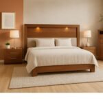 Wooden bed frame with a lit headboard and matching bedside tables