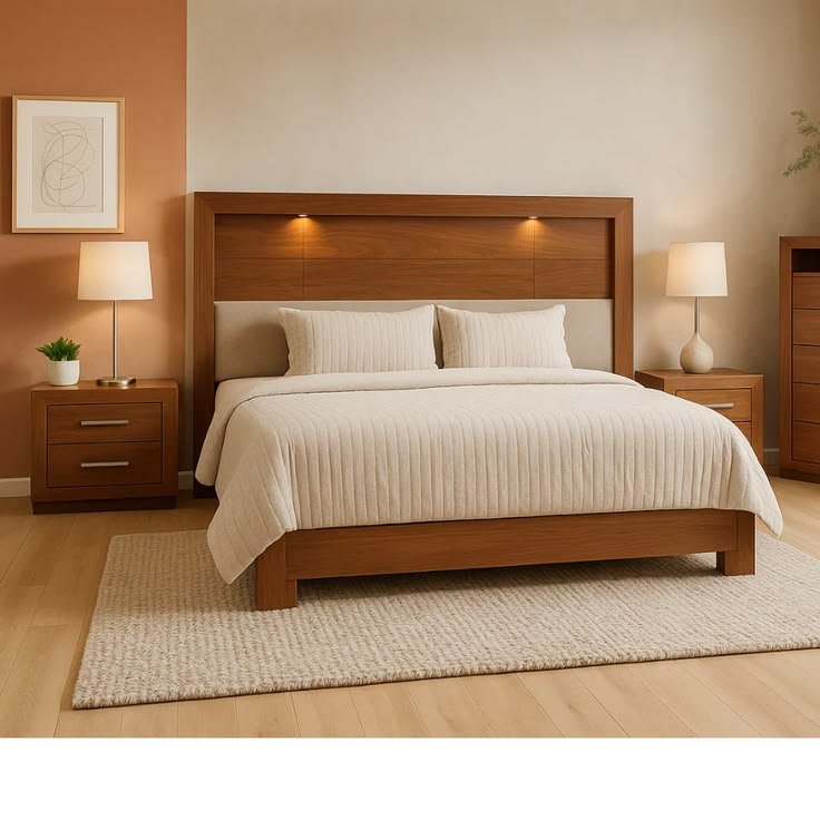 Wooden bed frame with a lit headboard and matching bedside tables