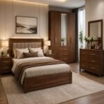 Modern wooden bedroom furniture set with bed, wardrobe and bedside units
