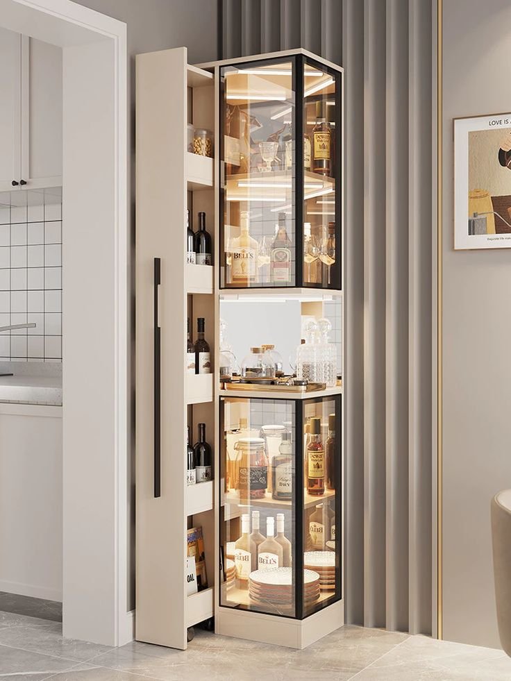 Glass corner display and wine storage cabinet beside a modern TV unit