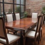 Mid century modern dining room with wooden table and upholstered chairs