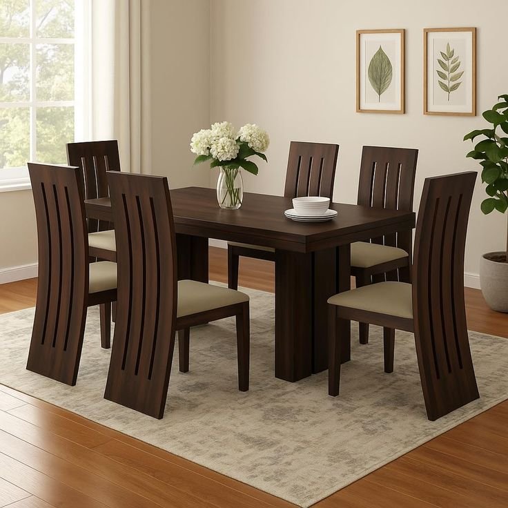 Solid wood six seater dining table set with matching chairs