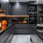 Charcoal grey fitted kitchen cabinets with wooden worktop and tall units
