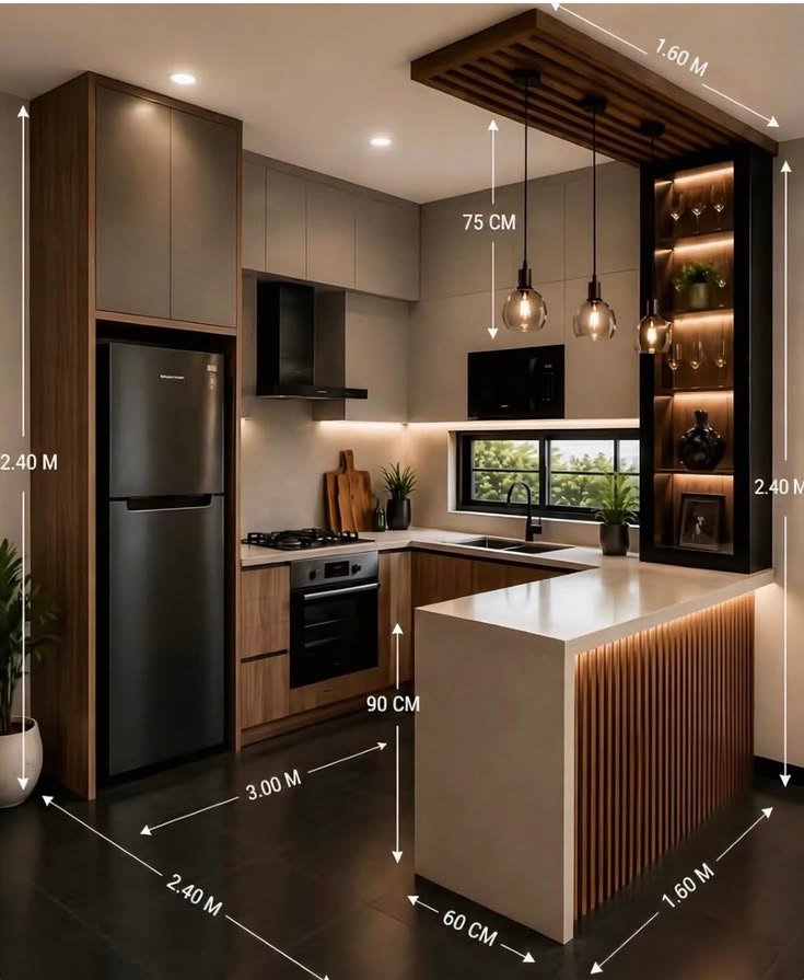 Kitchen design marked with measurements in metres and centimetres before building