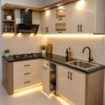 Small modern fitted kitchen with wall and base cabinets in a compact space